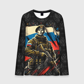 Мужской лонгслив 3D с принтом Русский солдат на фоне  флага  России , 100% полиэстер | длинные рукава, круглый вырез горловины, полуприлегающий силуэт | 