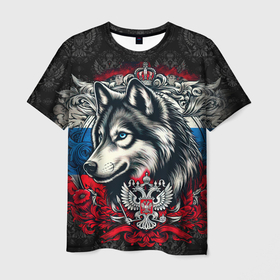 Мужская футболка 3D с принтом Русский волк и герб   России в Новосибирске, 100% полиэфир | прямой крой, круглый вырез горловины, длина до линии бедер | 