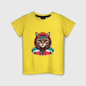 Детская футболка хлопок с принтом Полосатый кот в спортивной куртке , 100% хлопок | круглый вырез горловины, полуприлегающий силуэт, длина до линии бедер | 