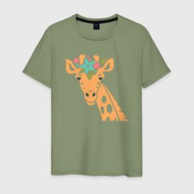 Мужская футболка хлопок с принтом Весенний жираф в Петрозаводске, 100% хлопок | прямой крой, круглый вырез горловины, длина до линии бедер, слегка спущенное плечо. | 