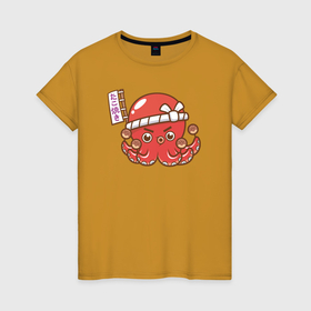 Женская футболка хлопок с принтом Осьминог кулинар в Курске, 100% хлопок | прямой крой, круглый вырез горловины, длина до линии бедер, слегка спущенное плечо | 