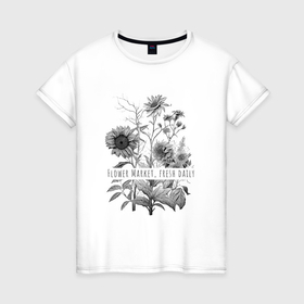 Женская футболка хлопок с принтом Датский цветочный рынок : свежесть каждый день , 100% хлопок | прямой крой, круглый вырез горловины, длина до линии бедер, слегка спущенное плечо | 