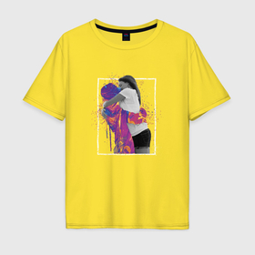 Мужская футболка хлопок Oversize с принтом Влюблённая пара глитч и брызги краски в Тюмени, 100% хлопок | свободный крой, круглый ворот, “спинка” длиннее передней части | 