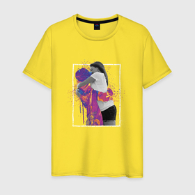 Мужская футболка хлопок с принтом Влюблённая пара глитч и брызги краски в Тюмени, 100% хлопок | прямой крой, круглый вырез горловины, длина до линии бедер, слегка спущенное плечо. | 