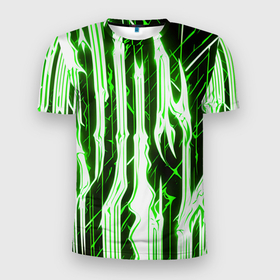 Мужская футболка 3D Slim с принтом Зелёные неоновые полосы на чёрном фоне в Екатеринбурге, 100% полиэстер с улучшенными характеристиками | приталенный силуэт, круглая горловина, широкие плечи, сужается к линии бедра | Тематика изображения на принте: 