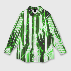 Мужская рубашка oversize 3D с принтом Зелёные неоновые полосы на чёрном фоне в Екатеринбурге,  |  | 