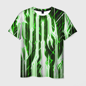 Мужская футболка 3D с принтом Зелёные неоновые полосы на чёрном фоне в Екатеринбурге, 100% полиэфир | прямой крой, круглый вырез горловины, длина до линии бедер | 