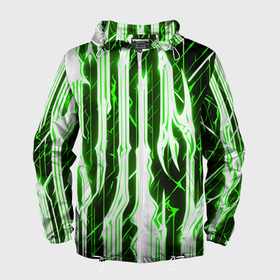 Мужская ветровка 3D с принтом Зелёные неоновые полосы на чёрном фоне в Екатеринбурге, 100% полиэстер | подол и капюшон оформлены резинкой с фиксаторами, два кармана без застежек по бокам, один потайной карман на груди | 