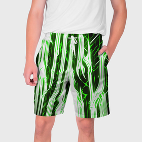 Мужские шорты 3D с принтом Зелёные неоновые полосы на чёрном фоне в Екатеринбурге,  полиэстер 100% | прямой крой, два кармана без застежек по бокам. Мягкая трикотажная резинка на поясе, внутри которой широкие завязки. Длина чуть выше колен | 