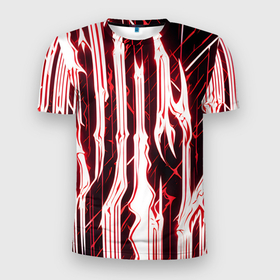 Мужская футболка 3D Slim с принтом Красные неоновые полосы на чёрном фоне в Белгороде, 100% полиэстер с улучшенными характеристиками | приталенный силуэт, круглая горловина, широкие плечи, сужается к линии бедра | Тематика изображения на принте: 