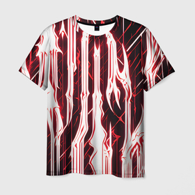 Мужская футболка 3D с принтом Красные неоновые полосы на чёрном фоне в Екатеринбурге, 100% полиэфир | прямой крой, круглый вырез горловины, длина до линии бедер | 