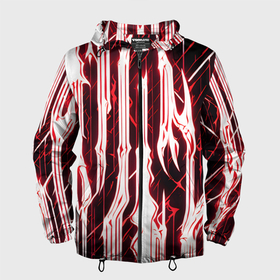 Мужская ветровка 3D с принтом Красные неоновые полосы на чёрном фоне в Екатеринбурге, 100% полиэстер | подол и капюшон оформлены резинкой с фиксаторами, два кармана без застежек по бокам, один потайной карман на груди | 