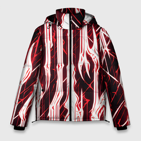 Мужская зимняя куртка 3D с принтом Красные неоновые полосы на чёрном фоне в Екатеринбурге, верх — 100% полиэстер; подкладка — 100% полиэстер; утеплитель — 100% полиэстер | длина ниже бедра, свободный силуэт Оверсайз. Есть воротник-стойка, отстегивающийся капюшон и ветрозащитная планка. 

Боковые карманы с листочкой на кнопках и внутренний карман на молнии. | 