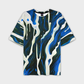 Мужская футболка oversize 3D с принтом Текучая краска белая и синяя в Петрозаводске,  |  | 