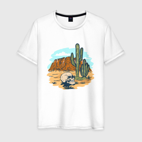 Мужская футболка хлопок с принтом Череп в пустыне , 100% хлопок | прямой крой, круглый вырез горловины, длина до линии бедер, слегка спущенное плечо. | Тематика изображения на принте: 
