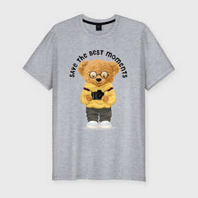 Мужская футболка хлопок Slim с принтом Плюшевый медвежонок с фотоаппаратом в Тюмени, 92% хлопок, 8% лайкра | приталенный силуэт, круглый вырез ворота, длина до линии бедра, короткий рукав | 