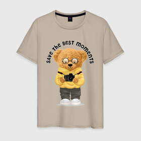 Мужская футболка хлопок с принтом Плюшевый медвежонок с фотоаппаратом в Тюмени, 100% хлопок | прямой крой, круглый вырез горловины, длина до линии бедер, слегка спущенное плечо. | Тематика изображения на принте: 