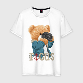 Мужская футболка хлопок с принтом Плюшевый медведь с фотоаппаратом в Белгороде, 100% хлопок | прямой крой, круглый вырез горловины, длина до линии бедер, слегка спущенное плечо. | 