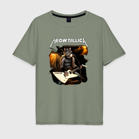 Мужская футболка хлопок Oversize с принтом Meowtallica Котфилд в Санкт-Петербурге, 100% хлопок | свободный крой, круглый ворот, “спинка” длиннее передней части | Тематика изображения на принте: 