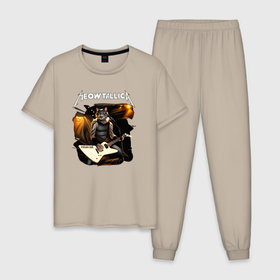 Мужская пижама хлопок с принтом Meowtallica Котфилд в Санкт-Петербурге, 100% хлопок | брюки и футболка прямого кроя, без карманов, на брюках мягкая резинка на поясе и по низу штанин
 | 