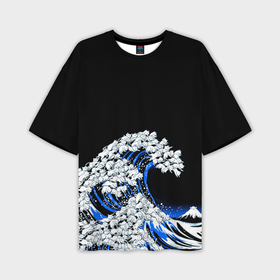 Мужская футболка oversize 3D с принтом Kanagawa cat wave в Курске,  |  | Тематика изображения на принте: 