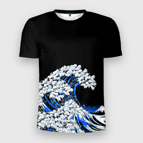 Мужская футболка 3D Slim с принтом Kanagawa cat wave в Екатеринбурге, 100% полиэстер с улучшенными характеристиками | приталенный силуэт, круглая горловина, широкие плечи, сужается к линии бедра | Тематика изображения на принте: 