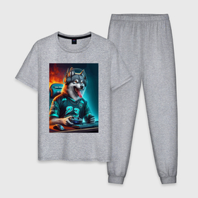Мужская пижама хлопок с принтом Волчара кибер спортсмен   нейросеть в Петрозаводске, 100% хлопок | брюки и футболка прямого кроя, без карманов, на брюках мягкая резинка на поясе и по низу штанин
 | 