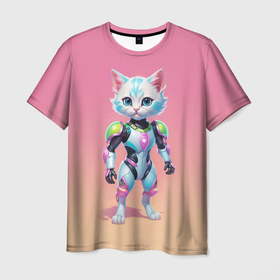Мужская футболка 3D с принтом Funny kitten   cyberpunk , 100% полиэфир | прямой крой, круглый вырез горловины, длина до линии бедер | 