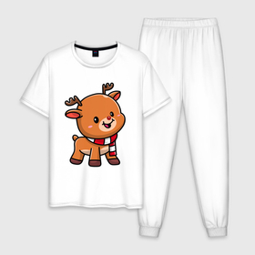 Мужская пижама хлопок с принтом Оленёнок , 100% хлопок | брюки и футболка прямого кроя, без карманов, на брюках мягкая резинка на поясе и по низу штанин
 | 
