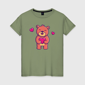 Женская футболка хлопок с принтом Мишутка с сердцем в Курске, 100% хлопок | прямой крой, круглый вырез горловины, длина до линии бедер, слегка спущенное плечо | 