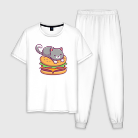 Мужская пижама хлопок с принтом Котик и чизбургер в Петрозаводске, 100% хлопок | брюки и футболка прямого кроя, без карманов, на брюках мягкая резинка на поясе и по низу штанин
 | 