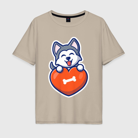 Мужская футболка хлопок Oversize с принтом Doggy heart в Тюмени, 100% хлопок | свободный крой, круглый ворот, “спинка” длиннее передней части | 