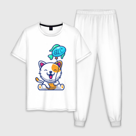 Мужская пижама хлопок с принтом Довольный котик с рыбкой , 100% хлопок | брюки и футболка прямого кроя, без карманов, на брюках мягкая резинка на поясе и по низу штанин
 | 