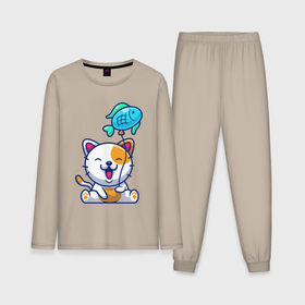Мужская пижама с лонгсливом хлопок с принтом Довольный котик с рыбкой ,  |  | Тематика изображения на принте: 