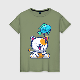 Женская футболка хлопок с принтом Довольный котик с рыбкой , 100% хлопок | прямой крой, круглый вырез горловины, длина до линии бедер, слегка спущенное плечо | 
