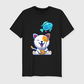 Мужская футболка хлопок Slim с принтом Довольный котик с рыбкой в Курске, 92% хлопок, 8% лайкра | приталенный силуэт, круглый вырез ворота, длина до линии бедра, короткий рукав | 