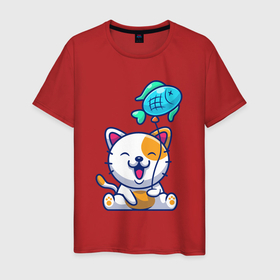 Мужская футболка хлопок с принтом Довольный котик с рыбкой , 100% хлопок | прямой крой, круглый вырез горловины, длина до линии бедер, слегка спущенное плечо. | 