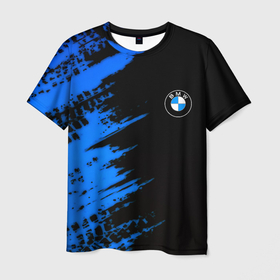 Мужская футболка 3D с принтом BMW краски синие в Курске, 100% полиэфир | прямой крой, круглый вырез горловины, длина до линии бедер | 