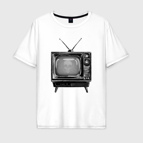 Мужская футболка хлопок Oversize с принтом Старый телевизор черно белый шум и череп в Тюмени, 100% хлопок | свободный крой, круглый ворот, “спинка” длиннее передней части | 