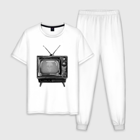 Мужская пижама хлопок с принтом Старый телевизор черно белый шум и череп в Курске, 100% хлопок | брюки и футболка прямого кроя, без карманов, на брюках мягкая резинка на поясе и по низу штанин
 | 