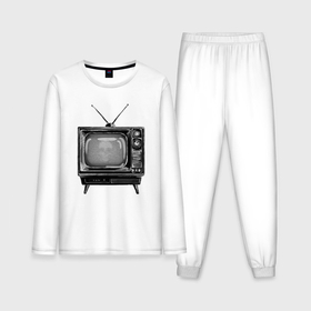 Мужская пижама с лонгсливом хлопок с принтом Старый телевизор черно белый шум и череп ,  |  | 