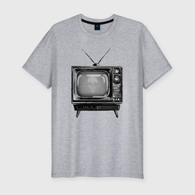 Мужская футболка хлопок Slim с принтом Старый телевизор черно белый шум и череп в Санкт-Петербурге, 92% хлопок, 8% лайкра | приталенный силуэт, круглый вырез ворота, длина до линии бедра, короткий рукав | 