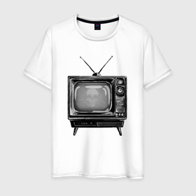 Мужская футболка хлопок с принтом Старый телевизор черно белый шум и череп , 100% хлопок | прямой крой, круглый вырез горловины, длина до линии бедер, слегка спущенное плечо. | 