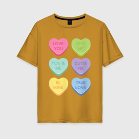 Женская футболка хлопок Oversize с принтом Стикеры сердечки с надписями в Екатеринбурге, 100% хлопок | свободный крой, круглый ворот, спущенный рукав, длина до линии бедер
 | 
