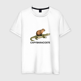 Мужская футболка хлопок с принтом Капибара на крокодиле пародия в Кировске, 100% хлопок | прямой крой, круглый вырез горловины, длина до линии бедер, слегка спущенное плечо. | Тематика изображения на принте: 