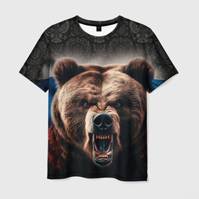 Мужская футболка 3D с принтом Агрессивный медведь на фоне флага России в Петрозаводске, 100% полиэфир | прямой крой, круглый вырез горловины, длина до линии бедер | 