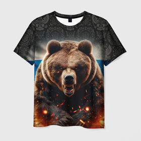 Мужская футболка 3D с принтом Русский медведь на фоне флага и огня , 100% полиэфир | прямой крой, круглый вырез горловины, длина до линии бедер | Тематика изображения на принте: 