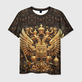 Мужская футболка 3D с принтом Объемный золотой  герб России в Курске, 100% полиэфир | прямой крой, круглый вырез горловины, длина до линии бедер | 