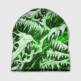 Шапка 3D с принтом Белые клыки на зелёном фоне в Белгороде, 100% полиэстер | универсальный размер, печать по всей поверхности изделия | 