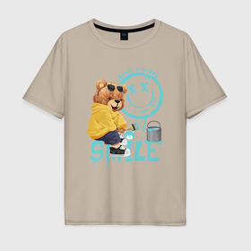 Мужская футболка хлопок Oversize с принтом Плюшевый медведь и смайлик в Новосибирске, 100% хлопок | свободный крой, круглый ворот, “спинка” длиннее передней части | Тематика изображения на принте: 